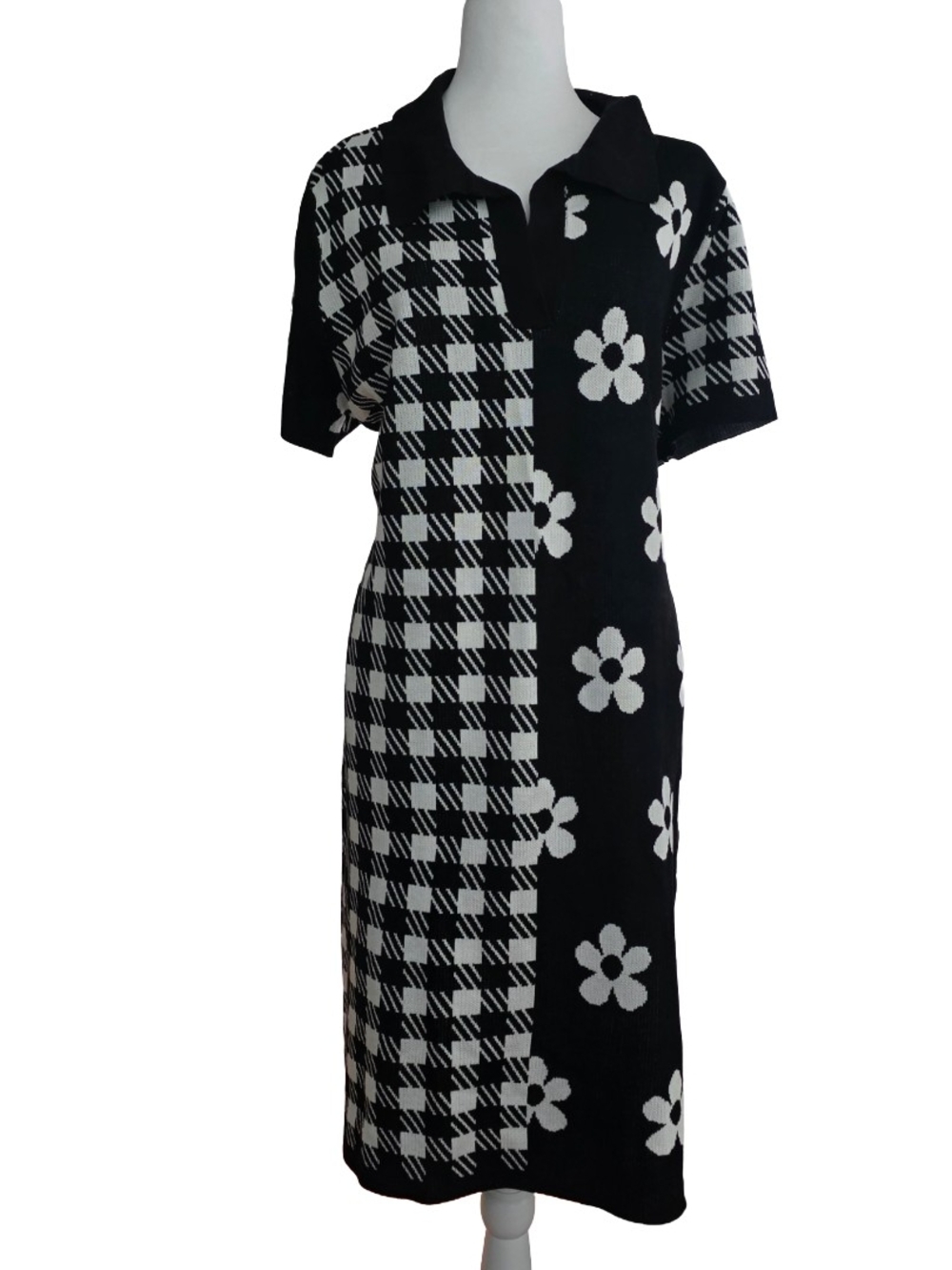 Cato Black and White Floral Plaid Polo Dress